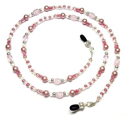 Metallic Pink Crackle Ice Austrian Crystal & Pearl Eyeglass Chain Holder