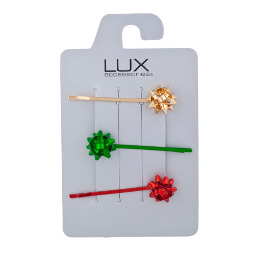 Lux Accessories Gold Tone Red Green Grosgrain Gift Bow Hair Pins Set of 3