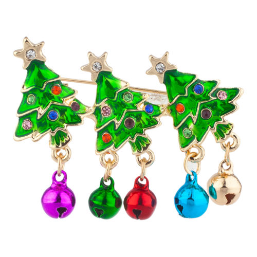 Lux Accessories Gold Tone Green Christmas Tree Metallic Bells Rhinestone Pin