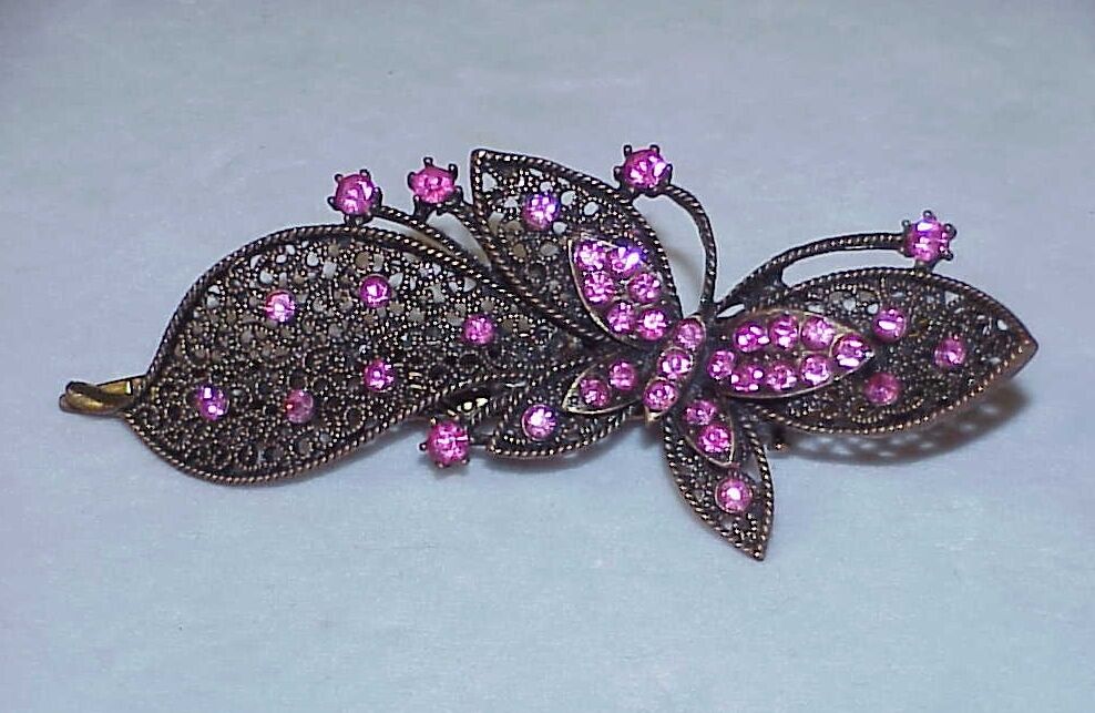 Beautiful Antiqued Gold Filigree Hot Pink Crystals Butterfly Leaf Clip Barrette
