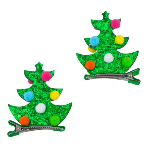 Lux Accessories Green Glittery Christmas Tree Multicolored Fur Balls Hair Clips