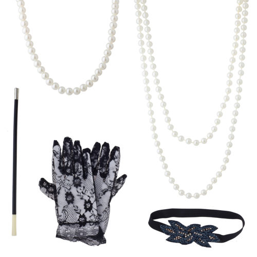 Lux Accessories Black White Lace Glove Side Headwear Long Pearl Necklace Costume