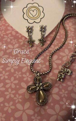 BRIGHTON GRACE Cross Silver/ Gold Necklace w/ Matching Earrings Retired New