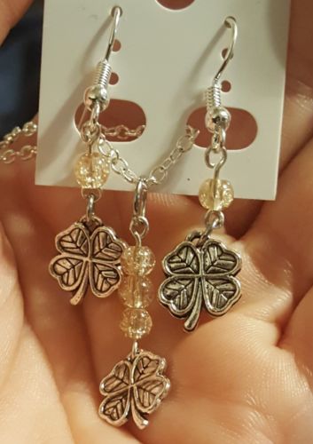Four 4 Leaf Clover Lucky Drop Dangle Earrings & Pendant Necklace Jewelry Set