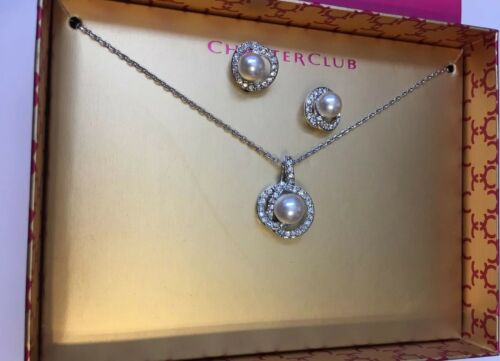 NWT Charter Club Silver Tone Faux Pearl & Rhinestone Necklace And Earring Set