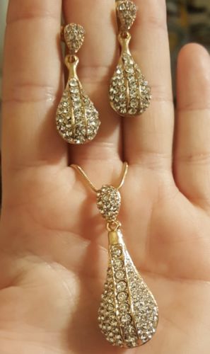 Elegant Women Bridal Wedding Rhienstone Crystal Necklace Earrings Jewelry Set