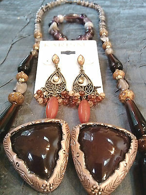 NEW KARISMA Earrings + Glass Bead Necklace Bracelet COPPER TONE 15148