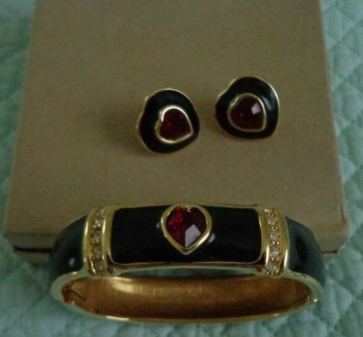 Monet Ladies Black Enamel with Red Heart  Rhinestone  Bracelet and Earring Set