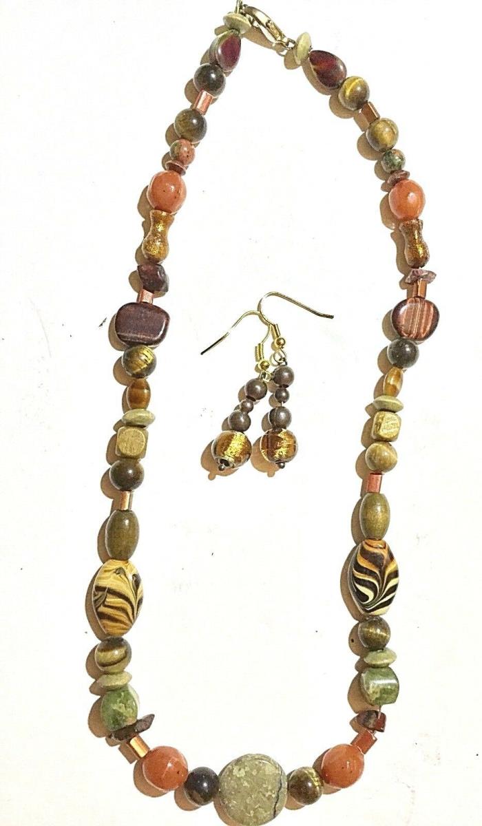 NECKLACE SET Wood & Stone Necklace & Earrings 20”
