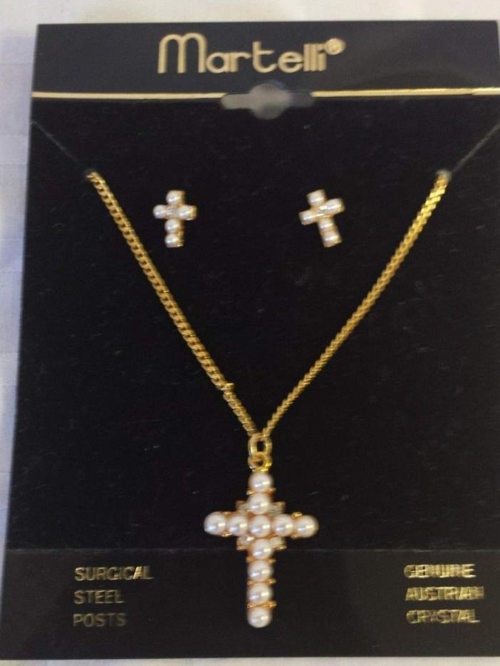 NEW ~ Vintage ~ MARTELLI ~ Pearl & Austrian Crystal Cross Necklace Earring Set