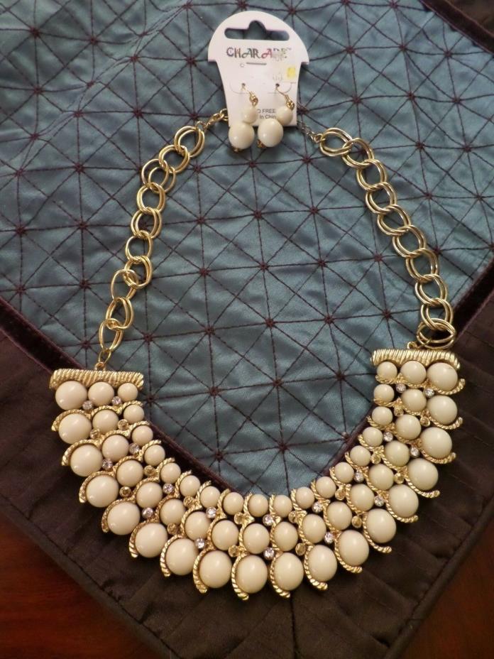 NEW! BEAUTIFUL IVORY COLOR STONE / WITH RHINESTONE NECKLACE AND EARRING SET