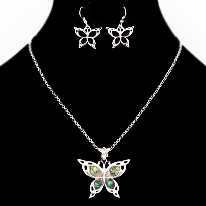 Abalone Shell Butterfly Necklace and Earrings Set