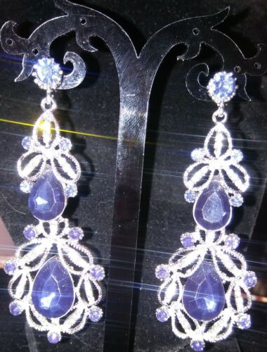 Large Blue and Silver Dangle Earrings 3 inches! Drag, Entertainers,Prom