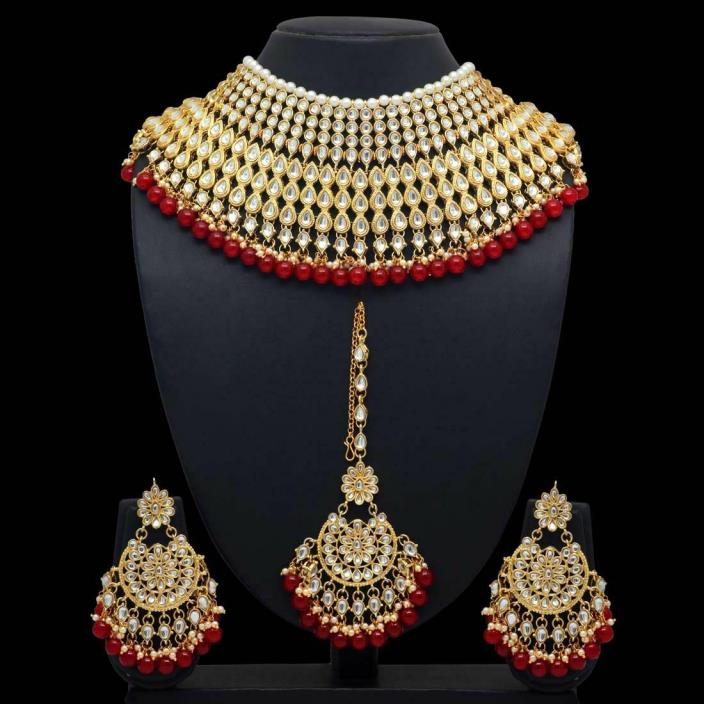 Indian Wedding Bridal Maroon Kundan Bollywood Necklace PartyWear Fashion Jewelry