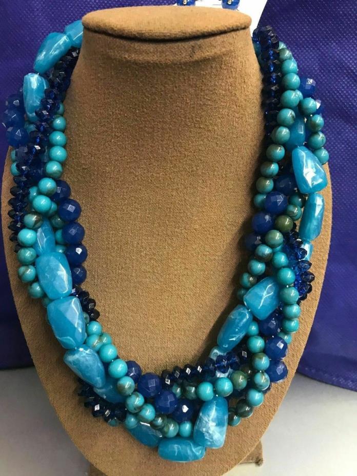 Beautiful 5 Row Shades of Blue Glass Stone Beaded Necklace Set