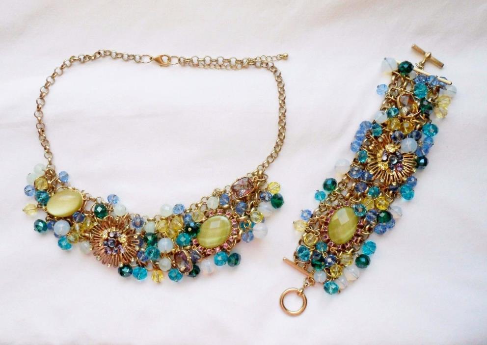 Glamour CLUSTER Blue Green Crystal Rhinestone STATEMENT Bracelet & NECKLACE Set