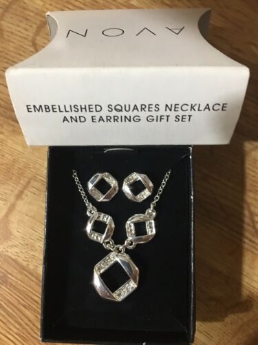 NIB ~ Avon Embellished Squares Necklace and Earrings Gift Set ~Silver Tone