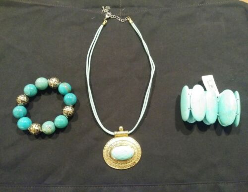Set of 3 Pendant Necklace and 2 elastics bracelets Turquoise  Gold /Silver color