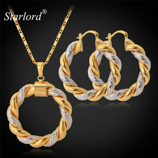 Necklace Earrings Round Chain Set Jewelry Pendant Fashion Bridal Wedding Plated