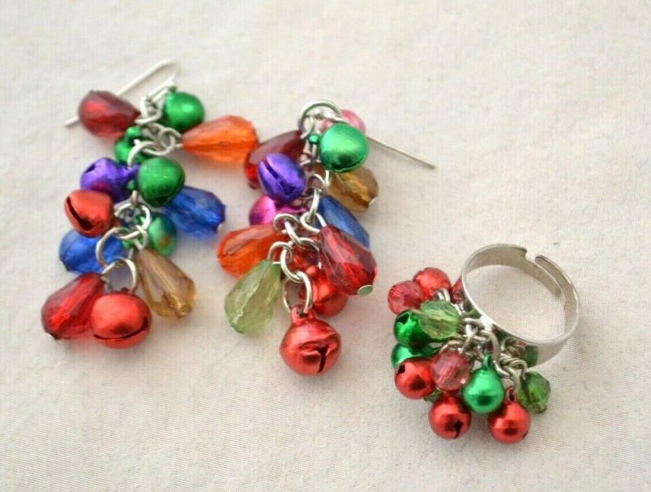 Vintage Silver Tone Green Red Bells Women's Ring Pierced Earrings Jewelry Set
