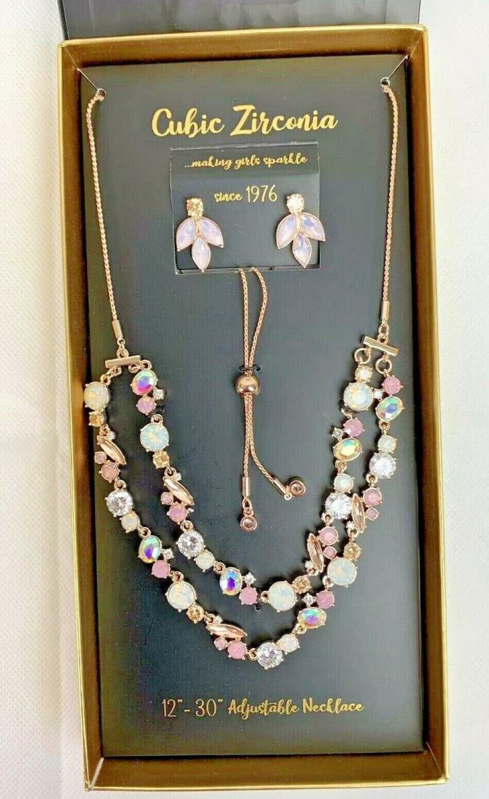 Gold BEAUTIFUL Cubic Zirconia Earrings and Necklace set *Pink Emotions*