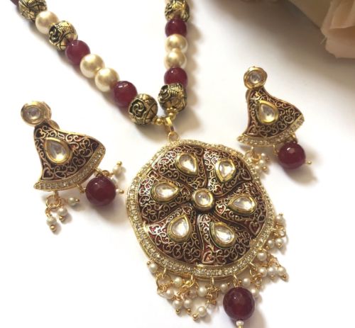 Indian Jewelry Jhumka Earrings Bollywood Kundan Necklace Pendant Red Set USA