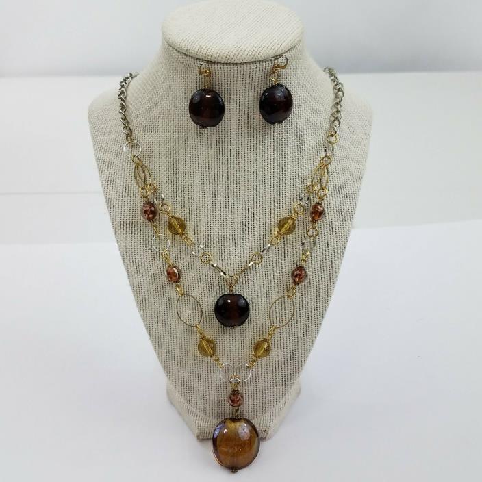 Brown Beaded Necklace Earrings Set Mutli Strand Glass Silver tone Yellow