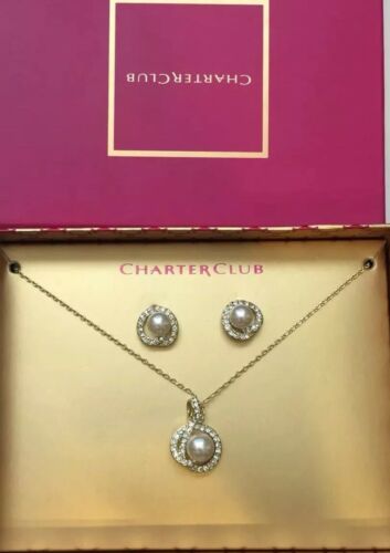 Charter Club Pearl & Rhinestone Gold Tone Necklace & Earring Set Valentines Gift