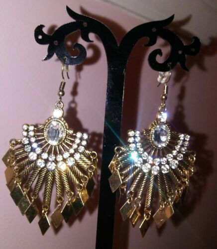 Large Goldtone Rhinestone Earrings 3 inches! Drag, Entertainers,Prom