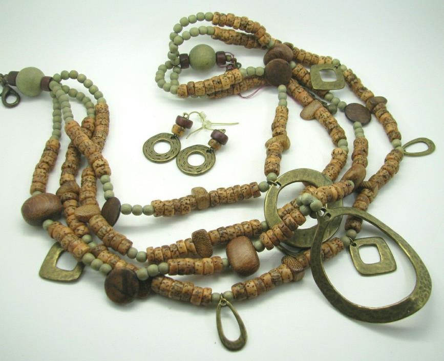 CHICO'S Hammered Bronze Metal WOOD/WOODEN BEAD Necklace/Earrings Set BROWN GREEN