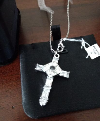 White Gold Plated Necklace and Faux Diamonds Cross 20.5