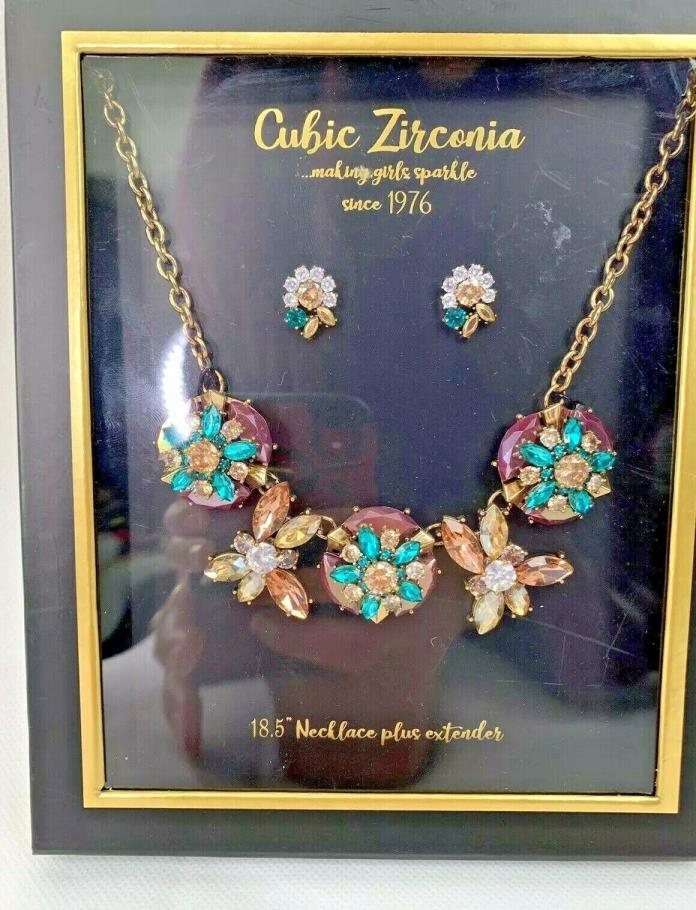 Gold BEAUTIFUL Cubic Zirconia Earrings and Necklace set *Spring Flowers*
