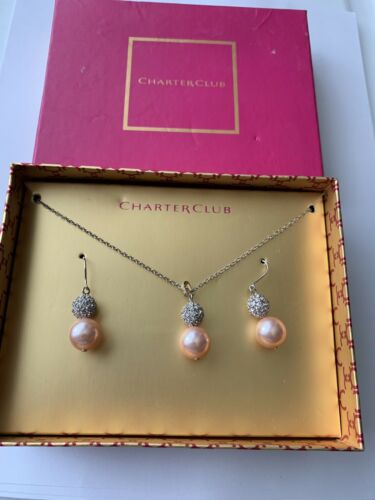 NWT Charter Club Pink Pearl & Rhinestone Necklace And Earring Set