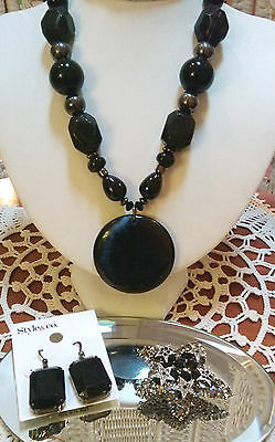 NEW Style & Co Earrings + BLACK Glass Bead Necklace RHINESTONE Brooch 15147