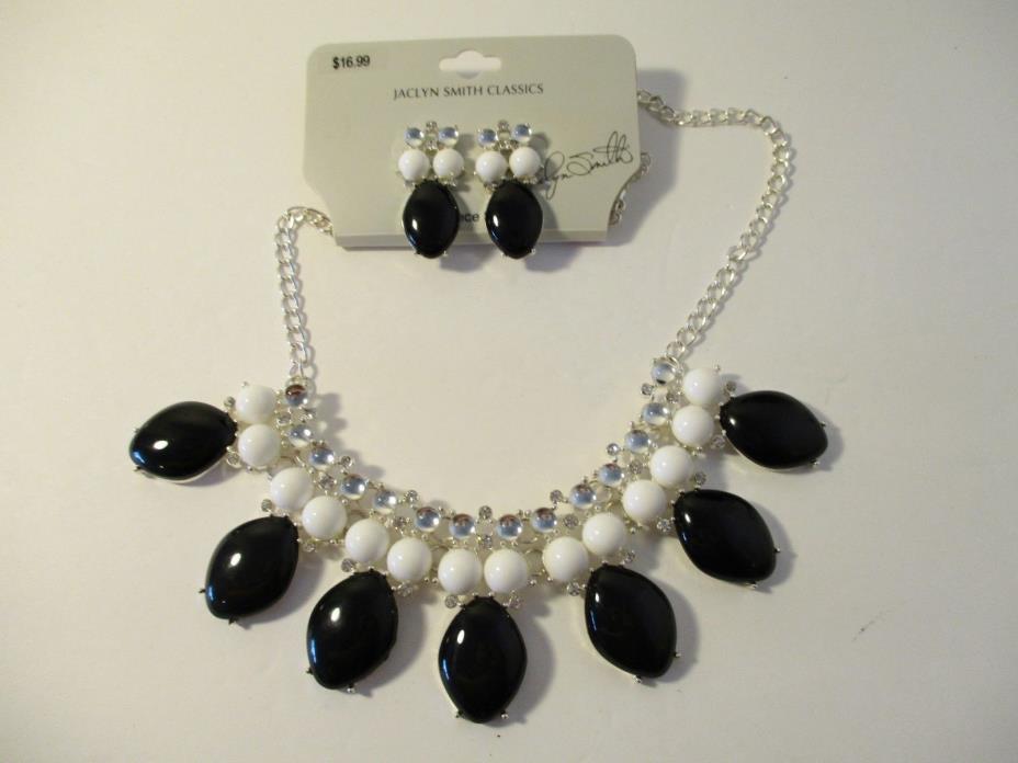 Jaclyn Smith Rhinestone, Black & White Runway Necklace & Earrings Set NWT