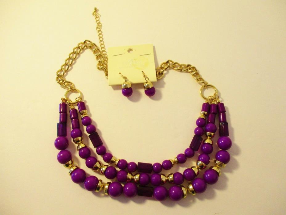 Da Vinci 3 Strand Purple Bead Necklace & Earrings Set NWT