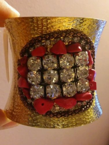 Beautiful Cuff bracelet with rhinestones, and faux Coral stones in Gold tone
