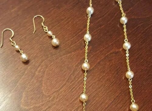 Set ~ Little Girls Young Teen Glass Simulated Pearl Gold Tone Necklace Earrings