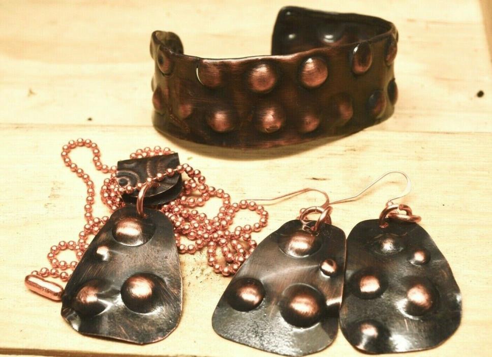 Rustic Solid Copper Brutalist Bracelet Earrings Necklace Pendant Jewelry Set