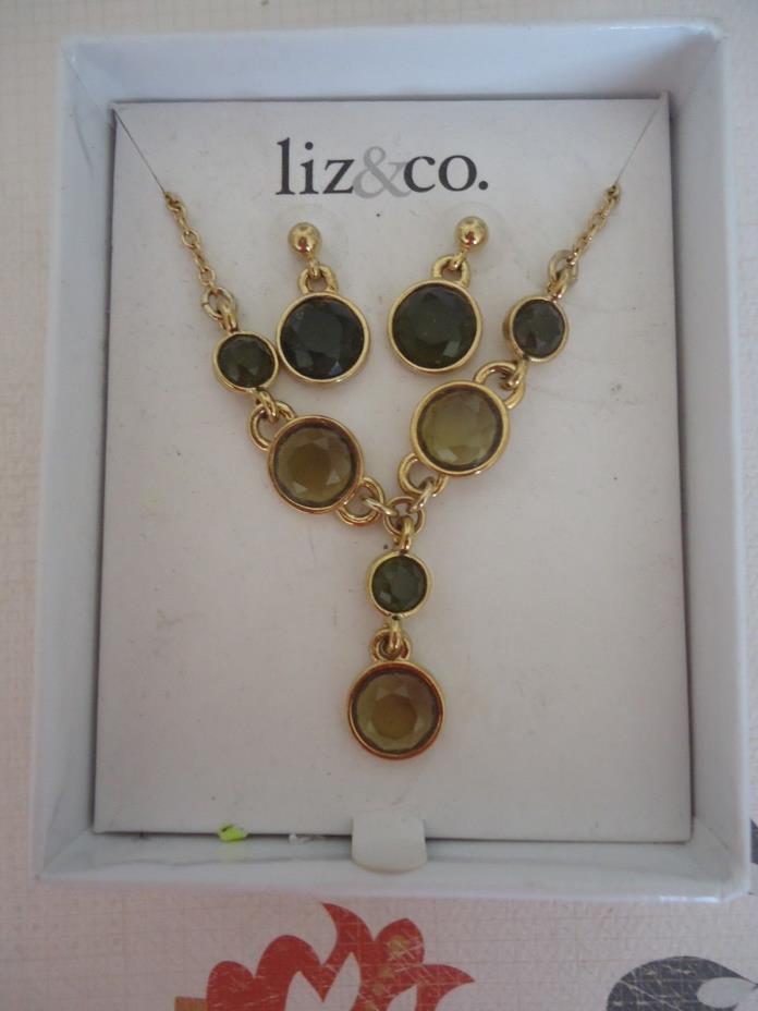 Y Style Necklace Set, Liz & Co, Shades of Green, Gold Tone Metal, Post Earrings