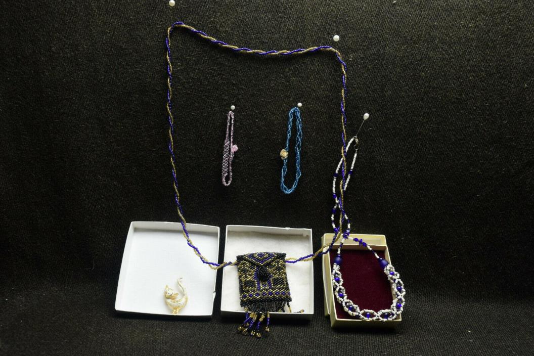 Beaded Jewelry Lot Coin Necklace Medicine Bag Bracelets Cat Pin Mamseli