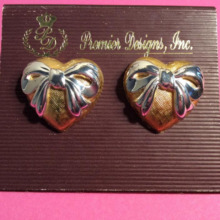 Premier Designs Puffed Gold Toned Heart With Silver Bow  Clip Earrings