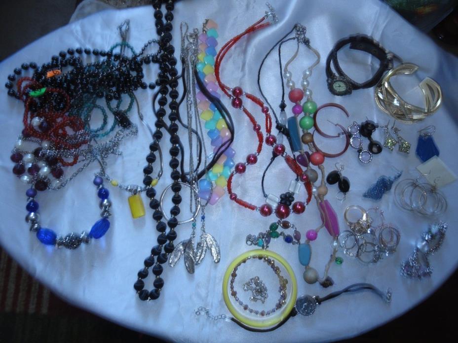 LOT OF JEWELRY - RINGS, NECKLACES, BRACELETS, EARRINGS & 2 WATCHES