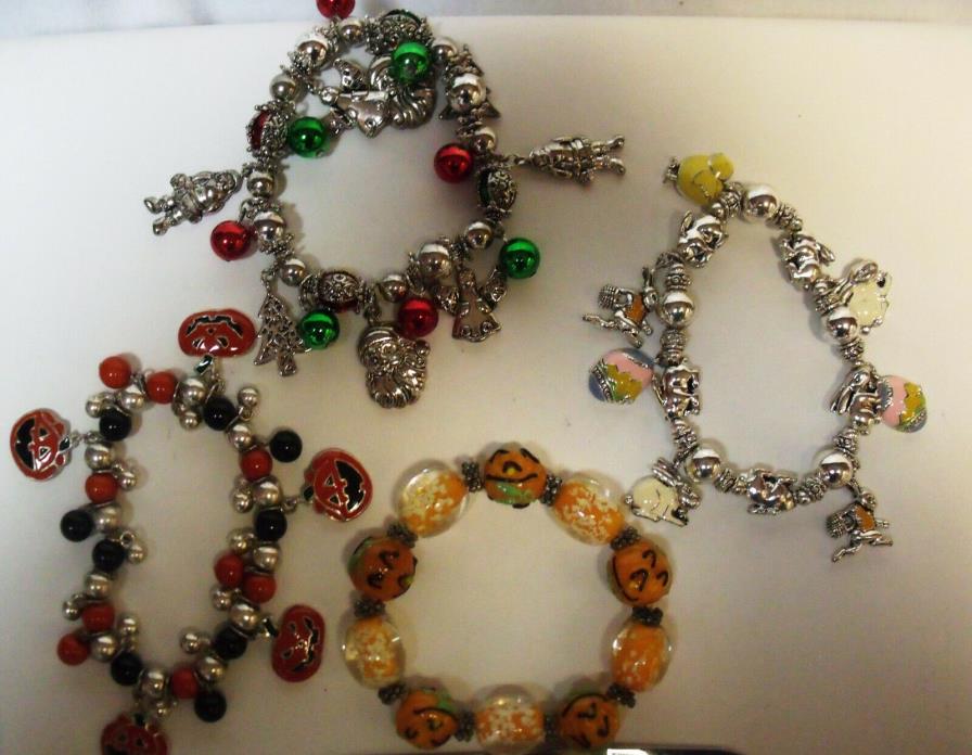 Lot of Four Stretch Holiday Bracelets: Two Halloween, One Easter, One Christmas
