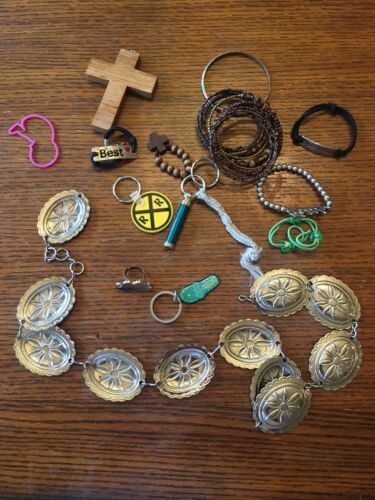 Bag of Costume And Fashion Jewelry, Keychain, Cross, Belt. Junk Drawer