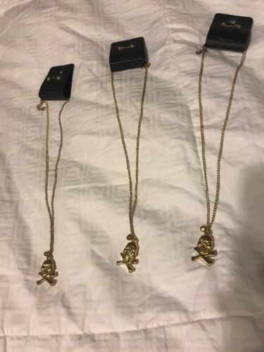 Lot Of 3 Gold Tone Skull Crossbone Necklaces And Rhinestone Earring Studs New