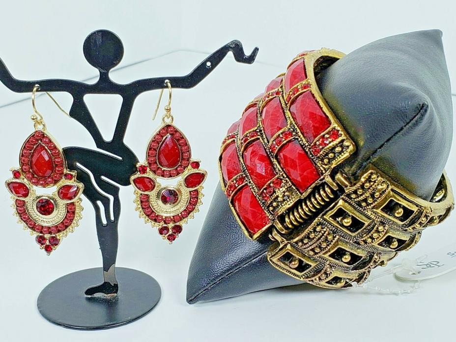Red Rhinestone Ornate Gold Tone Big Clamper Cuff Bracelet & Dangle Earrings Set