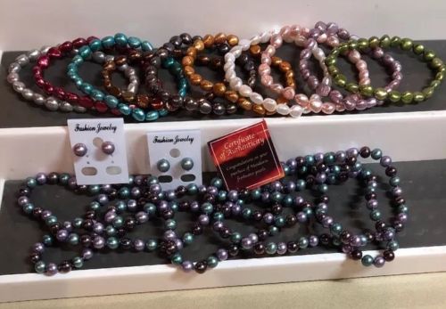 Mandarin 54” Necklace Iridescent Fresh Water Pearls-2 earrings-10 Bracelet Set