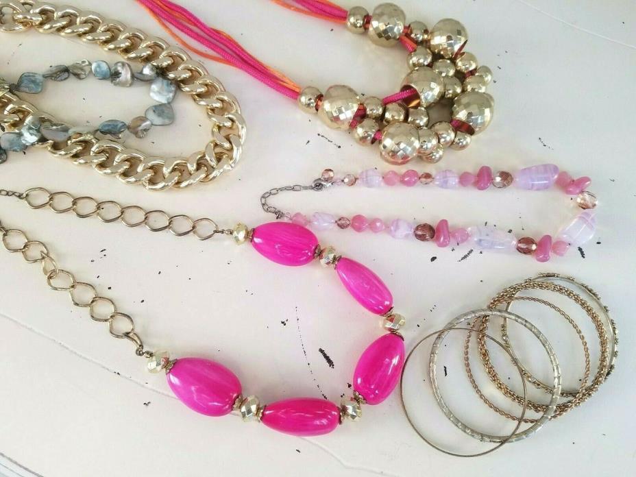 (10) pc Gorgeous BIG and BOLD Gaudy PINK Necklaces Gold Bangle Bracelets