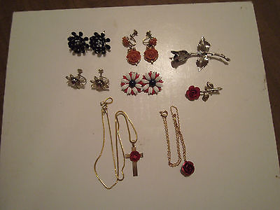 Lot of Roses 4 pair earrings 2 Brooches 2 Necklaces